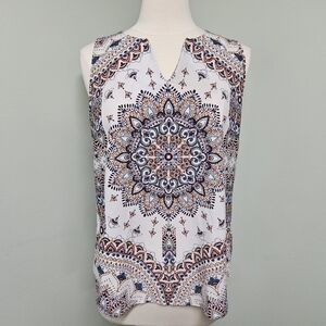 Mandala Bohemian Split Neck Tank Top Blouse White Medium Verse